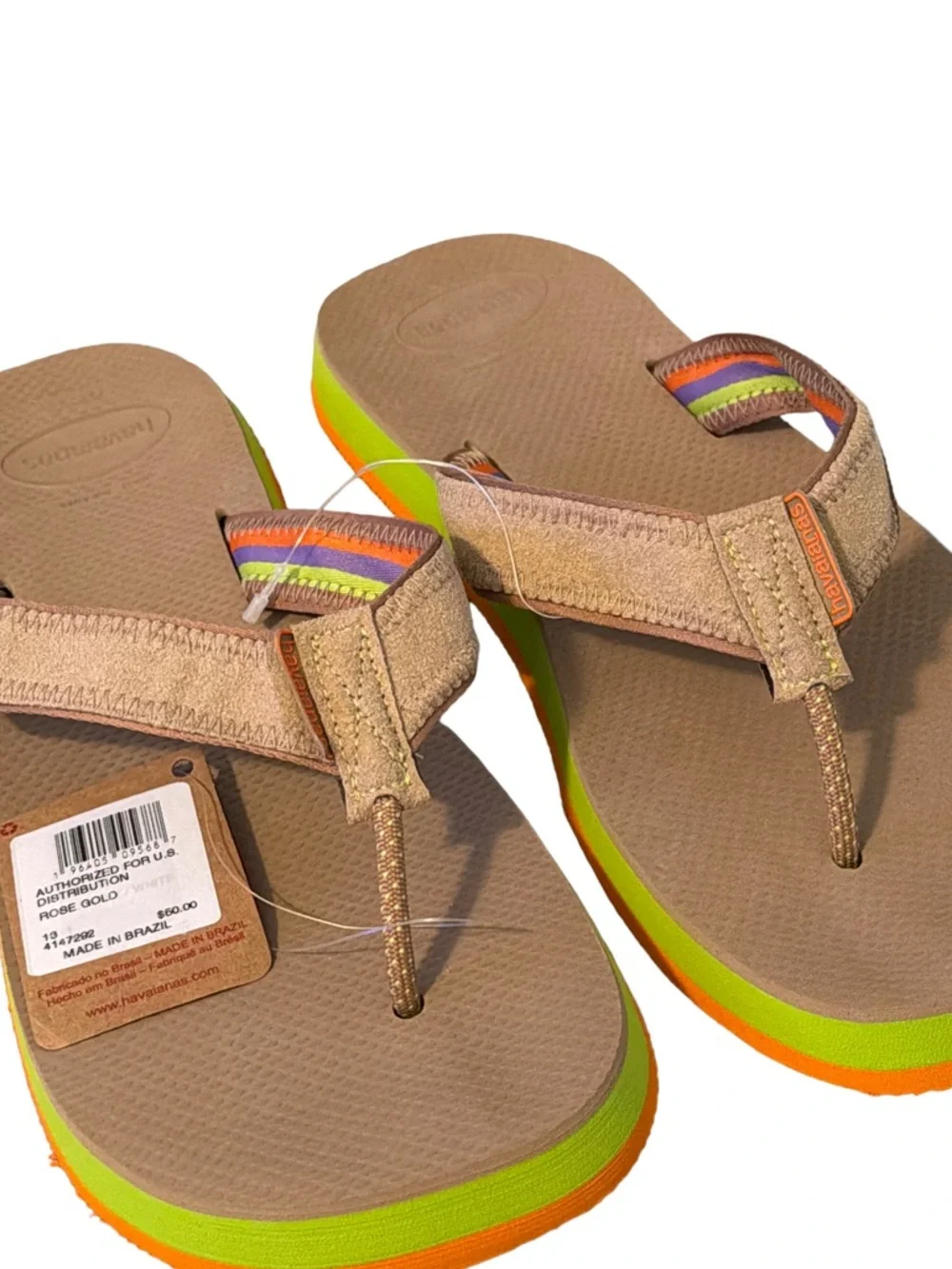 NWT Havaianas Urban Fusion II Sandals / Flip Flops Men's Size 13, NWT, Tan/🍊/Mul